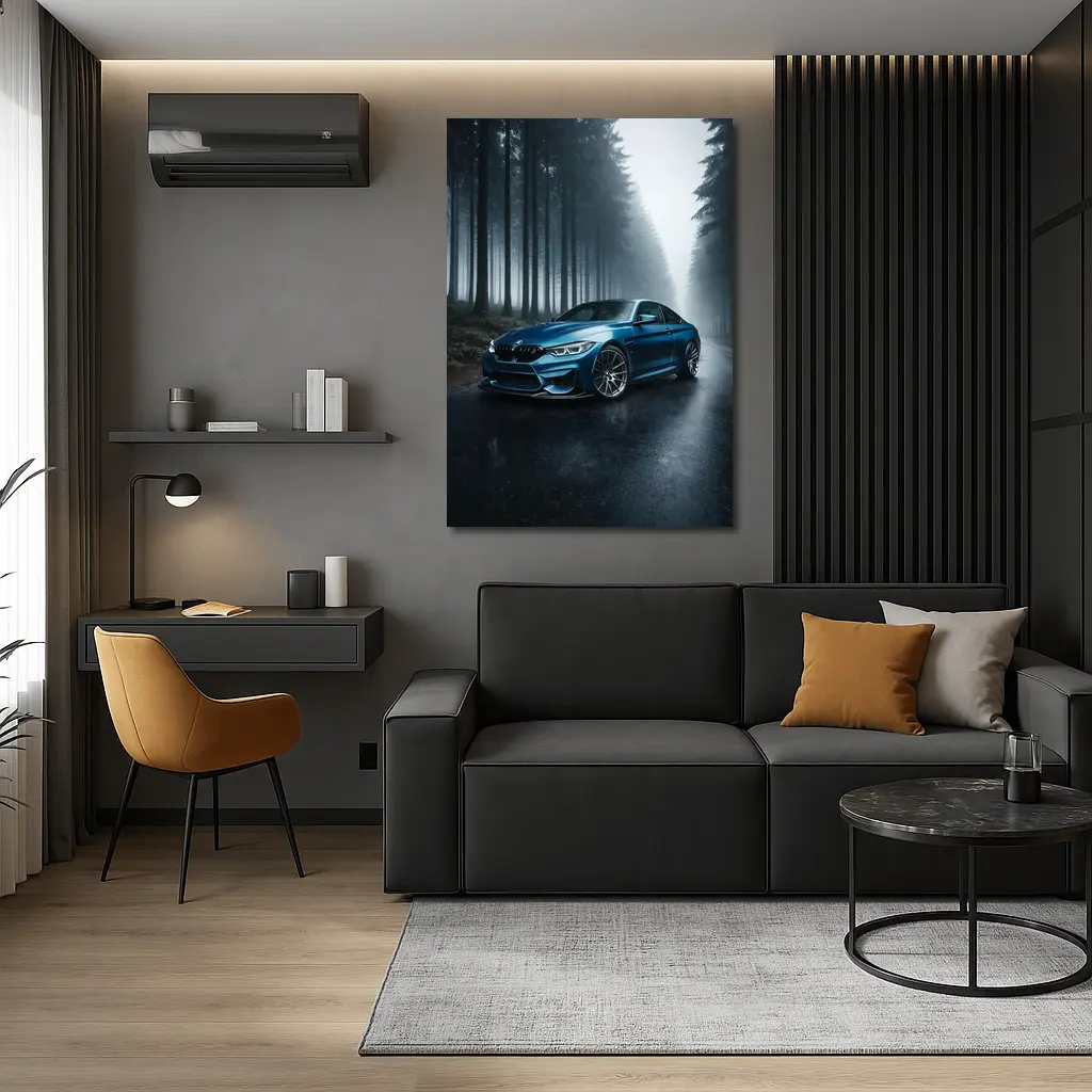 BMW M4 Blue Coupe Misty Forest Road – Wall Art