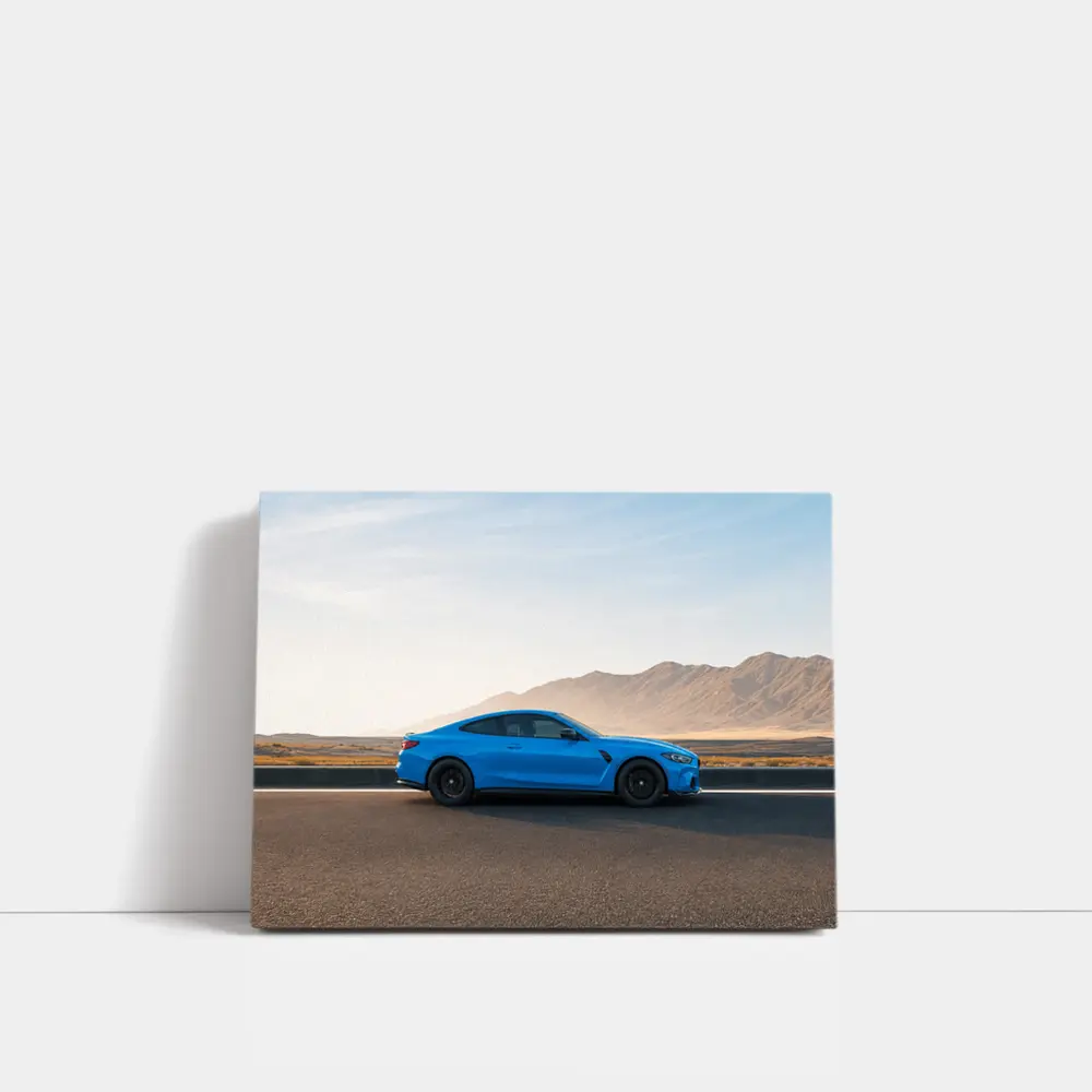 BMW M4 Blue Coupe Desert Road Side View – Wall Art