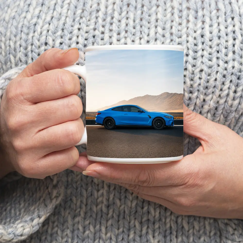 BMW M4 Blue Coupe Desert Road Side View – Mugs