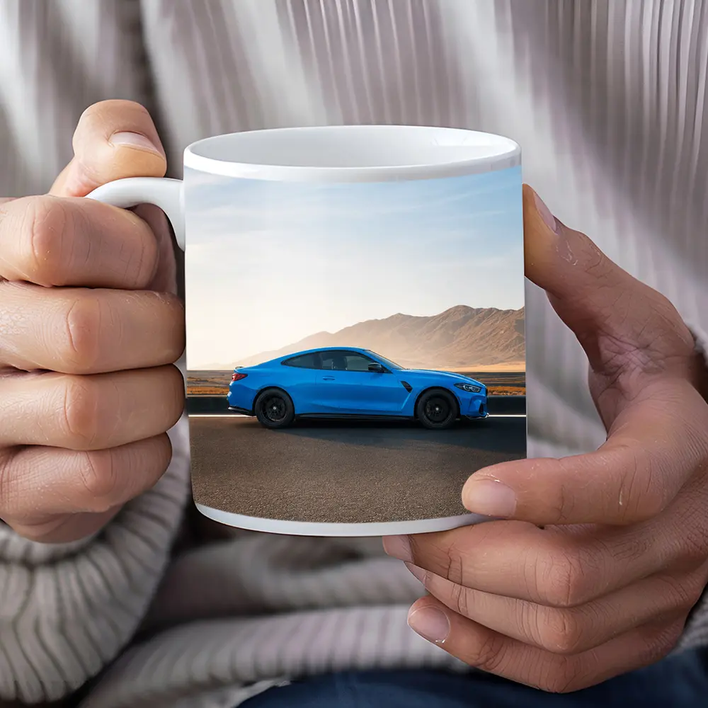 BMW M4 Blue Coupe Desert Road Side View – Mugs