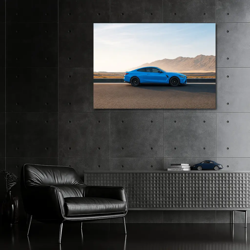 BMW M4 Blue Coupe Desert Road Side View – Wall Art