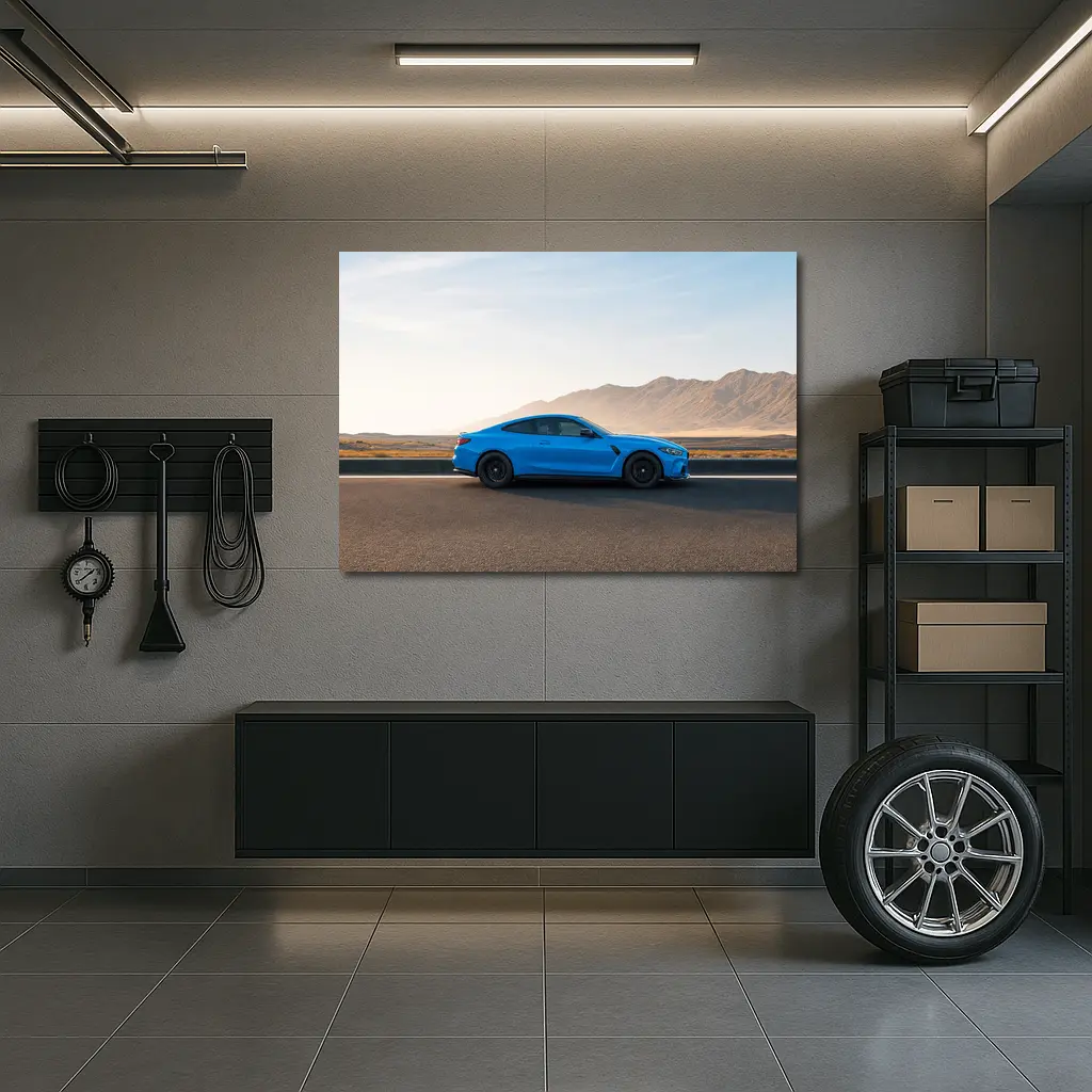 BMW M4 Blue Coupe Desert Road Side View – Wall Art