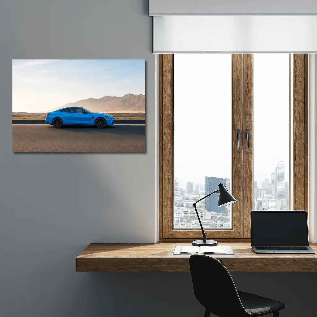 BMW M4 Blue Coupe Desert Road Side View – Wall Art