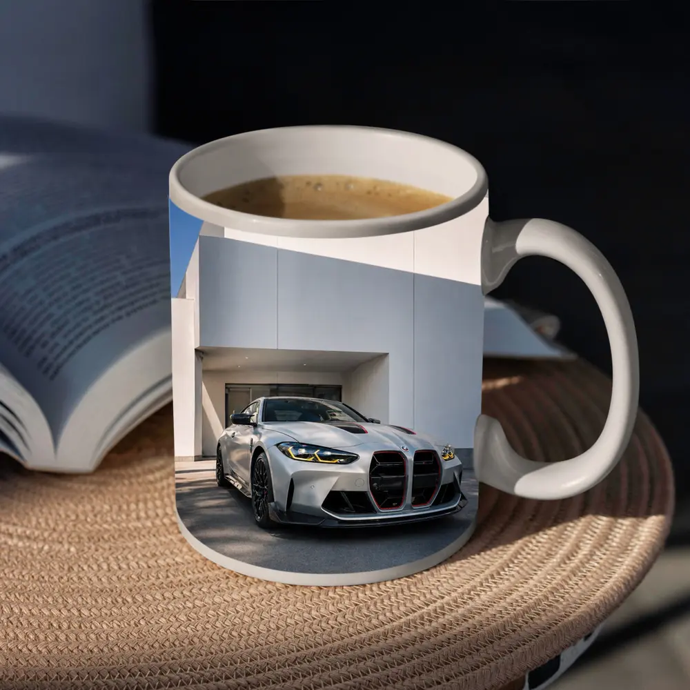 BMW M4 CSL Silver Against White Architecture – Mugs