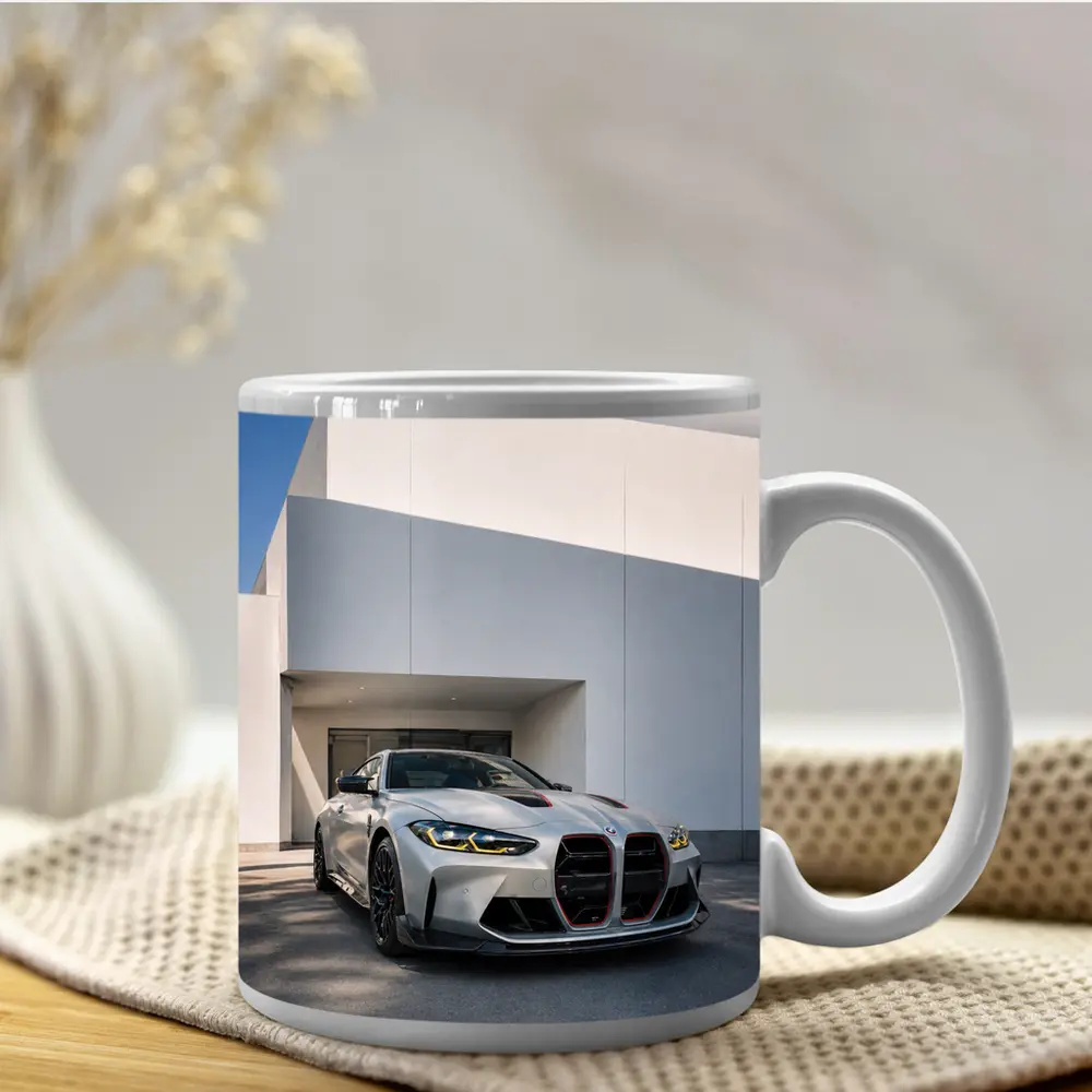 BMW M4 CSL Silver Against White Architecture – Mugs