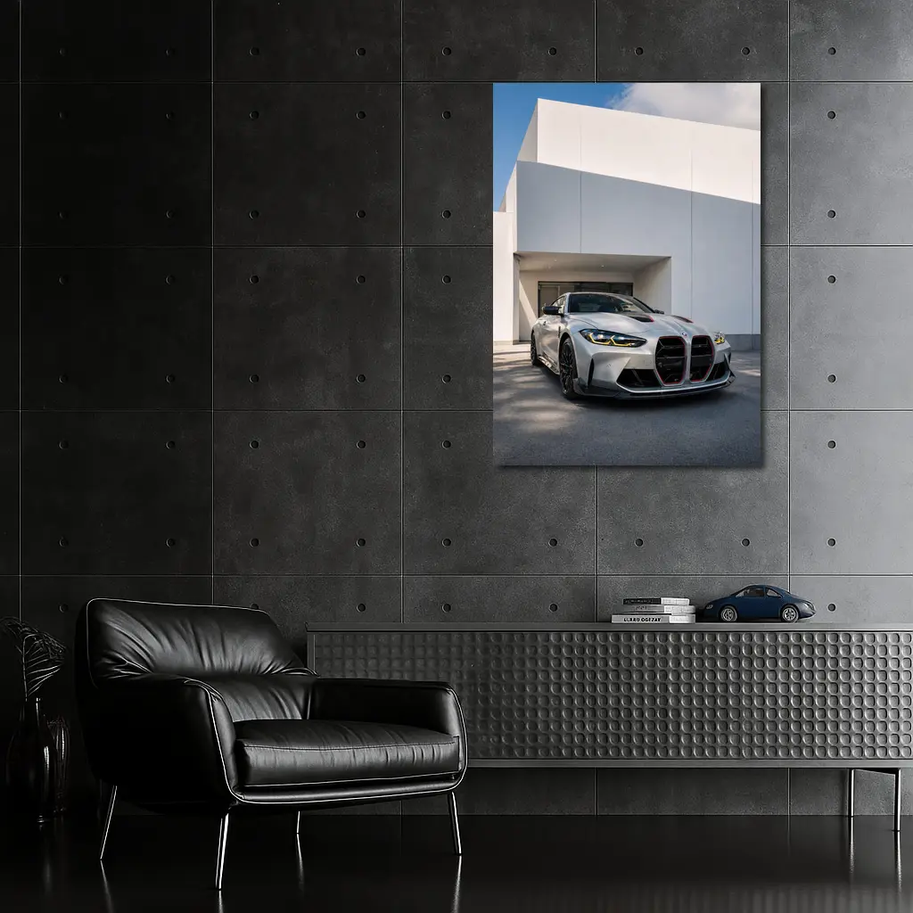 BMW M4 CSL Silver Against White Architecture – Wall Art