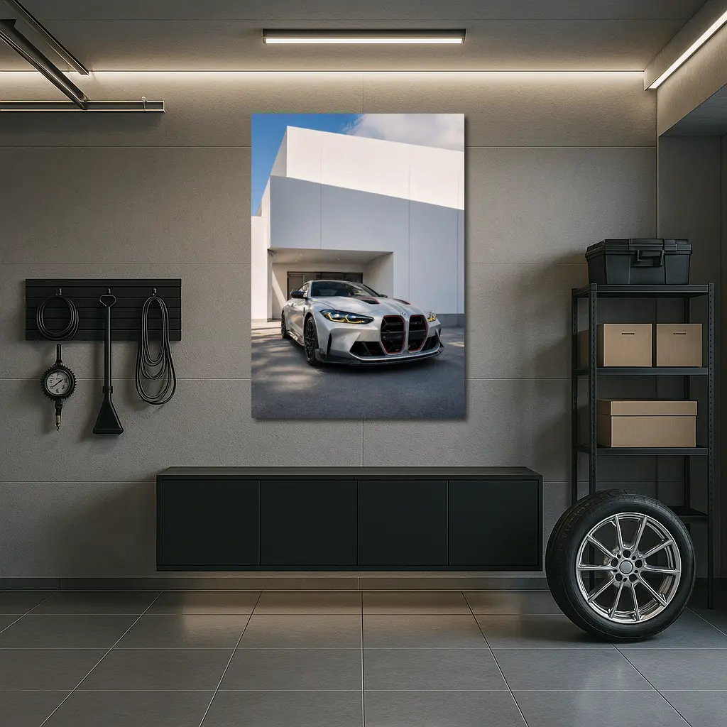 BMW M4 CSL Silver Against White Architecture – Wall Art