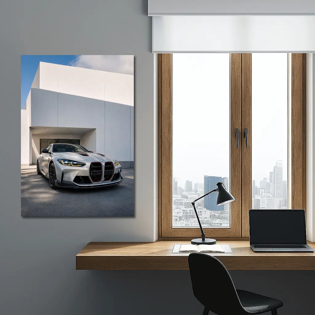 BMW M4 CSL Silver Against White Architecture – Wall Art