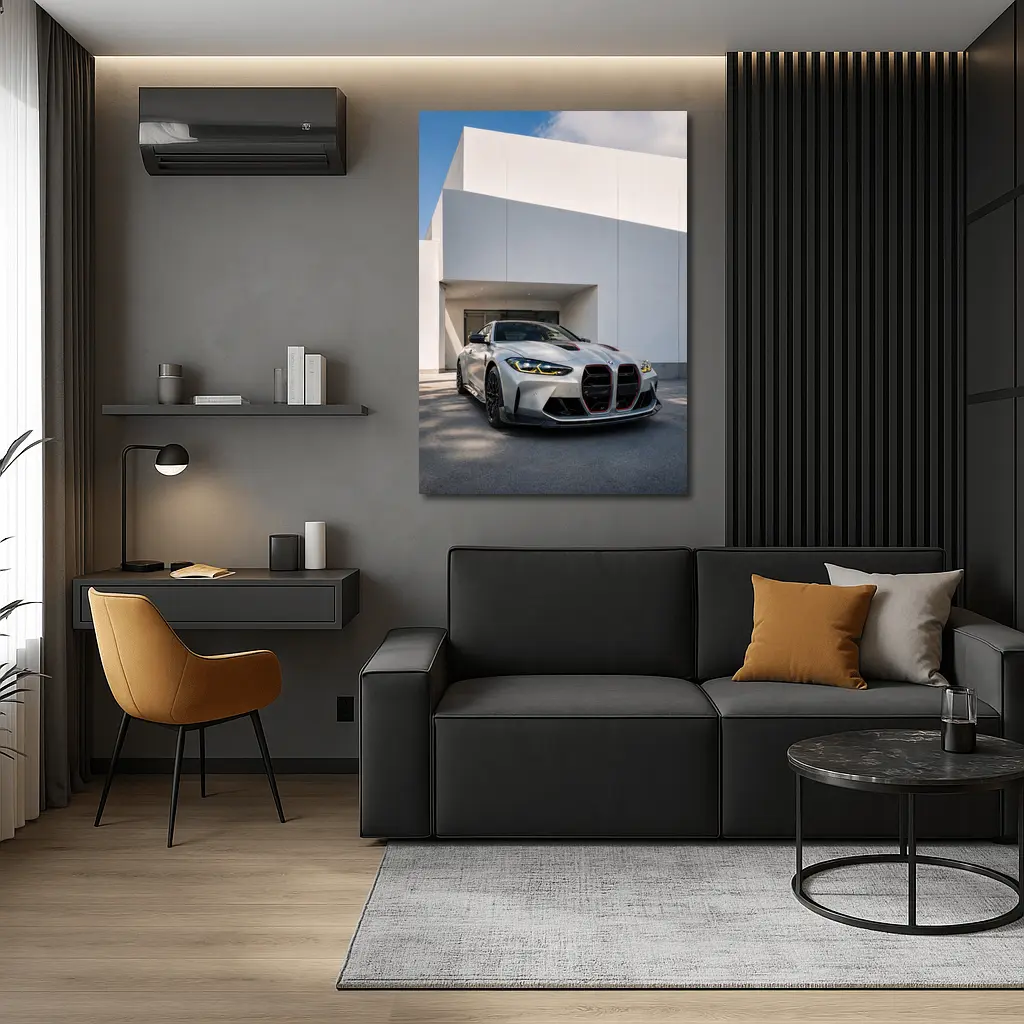 BMW M4 CSL Silver Against White Architecture – Wall Art