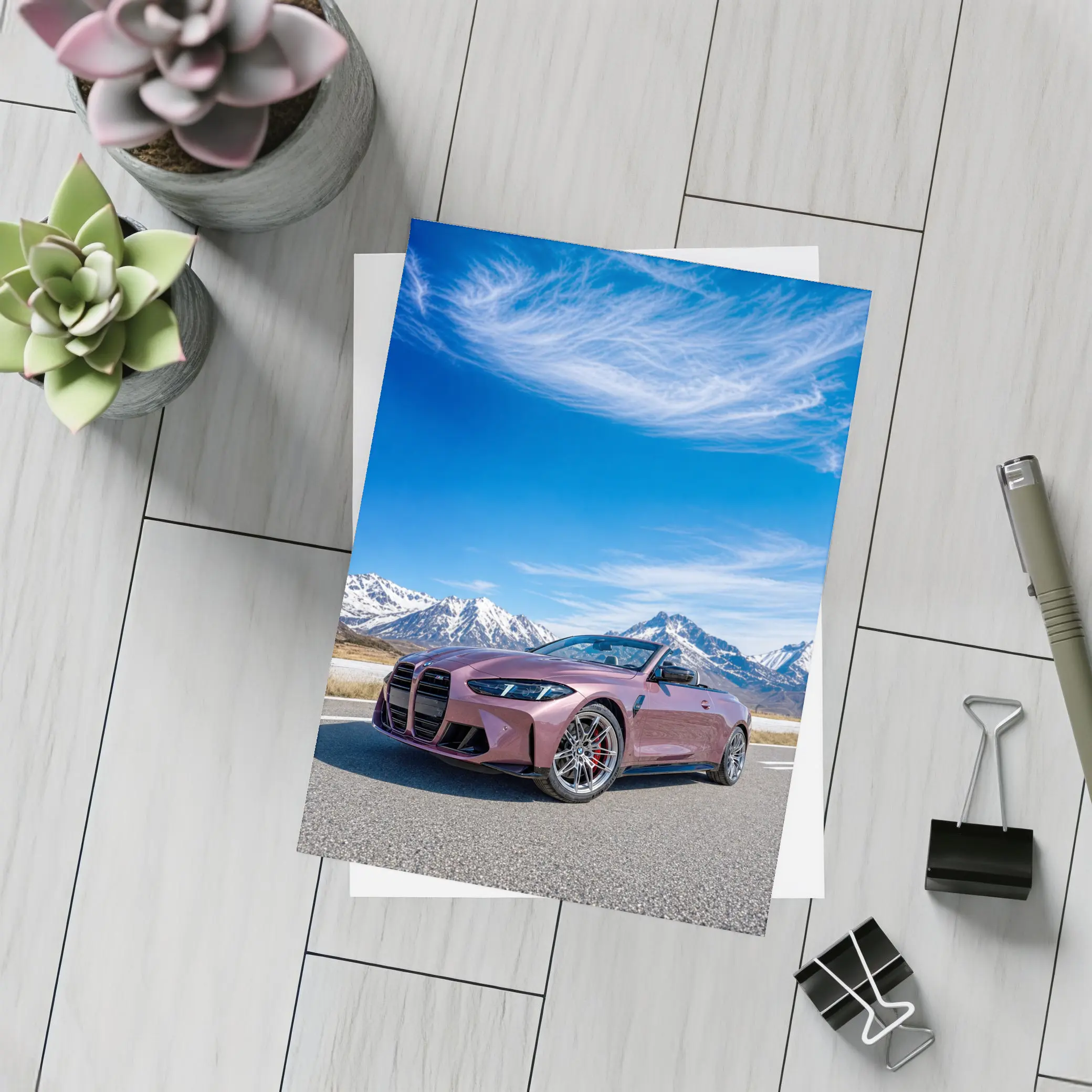 BMW M4 Convertible Snow Mountains Blue Sky – Postcards