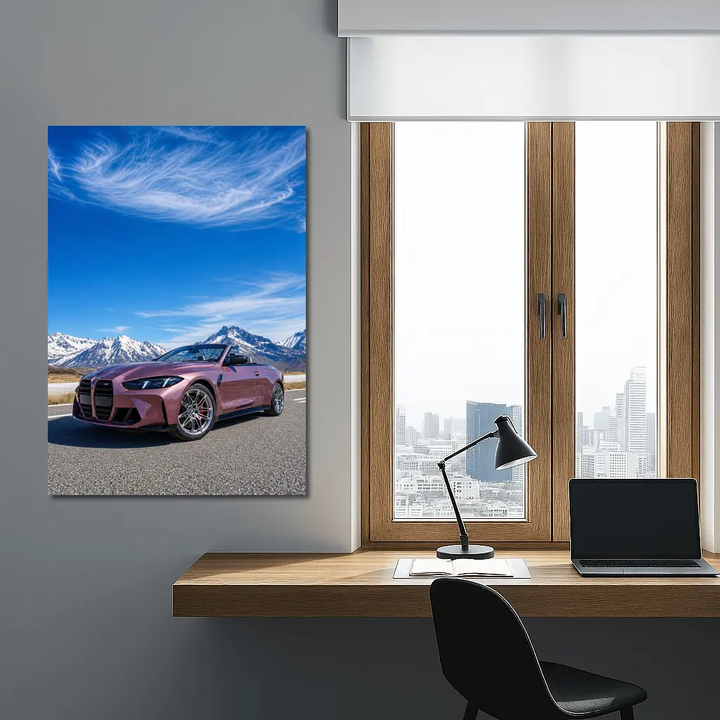 BMW M4 Convertible Snow Mountains Blue Sky – Wall Art