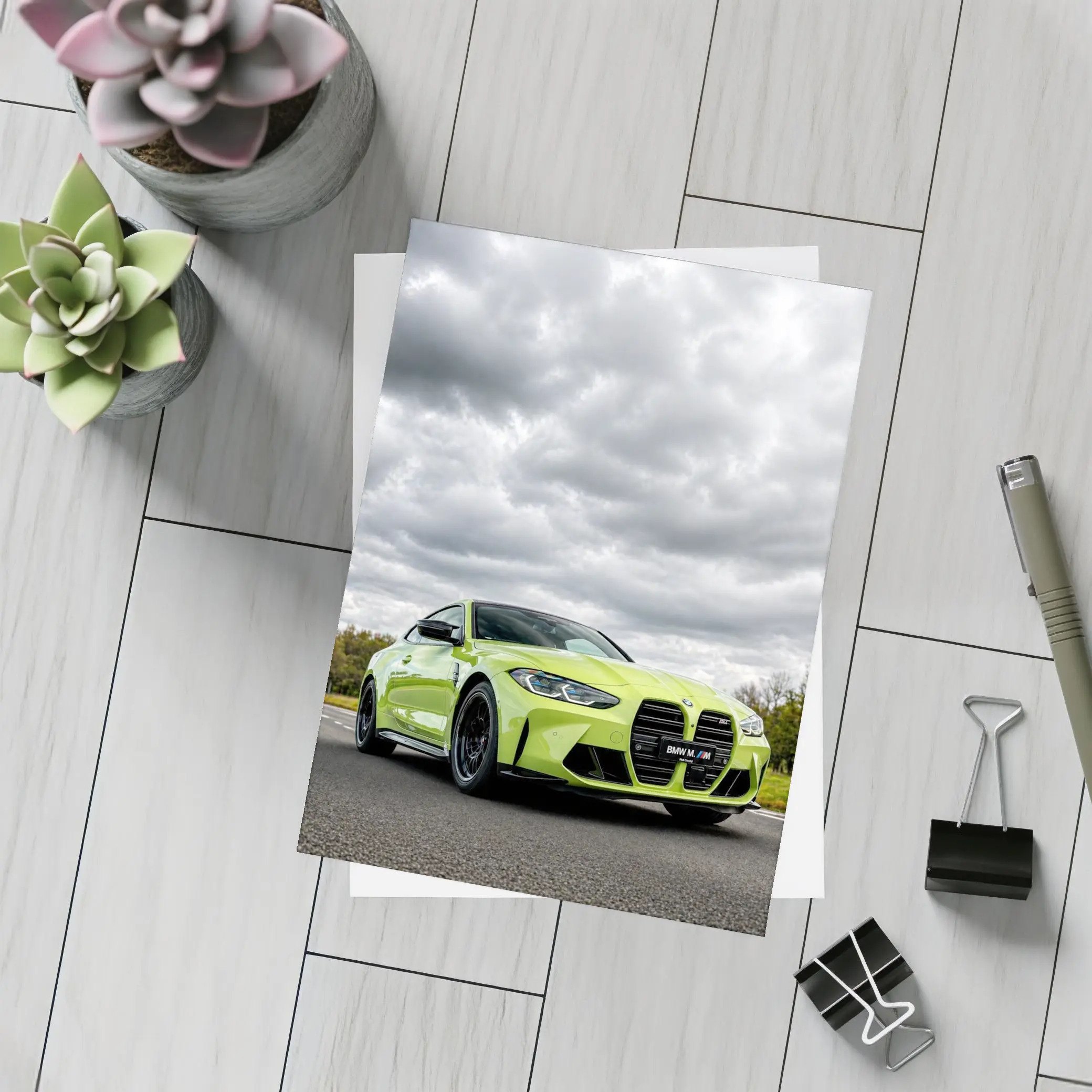 BMW M4 Lime Green Coupe Cloudy Sky – Postcards