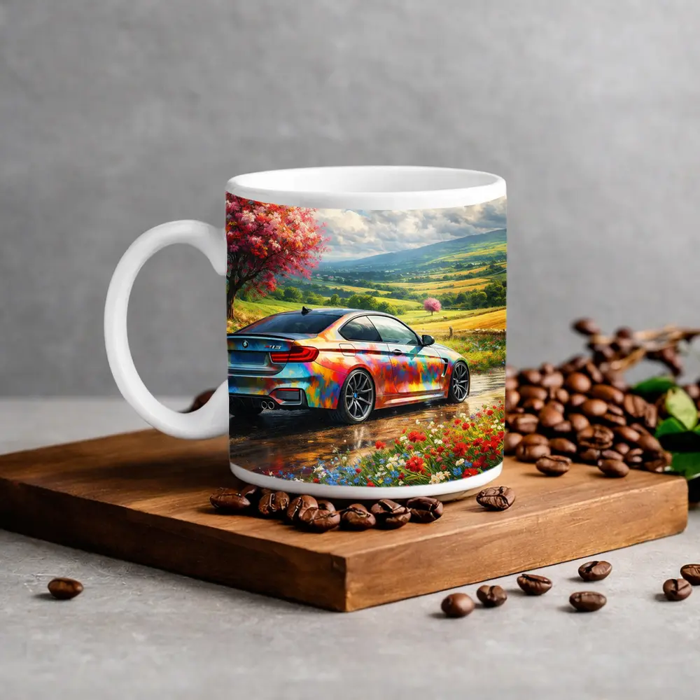 BMW M4 Colorful Art Countryside Floral Scene – Mugs
