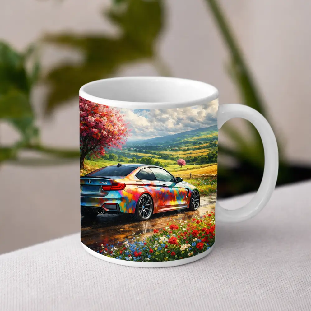 BMW M4 Colorful Art Countryside Floral Scene – Mugs