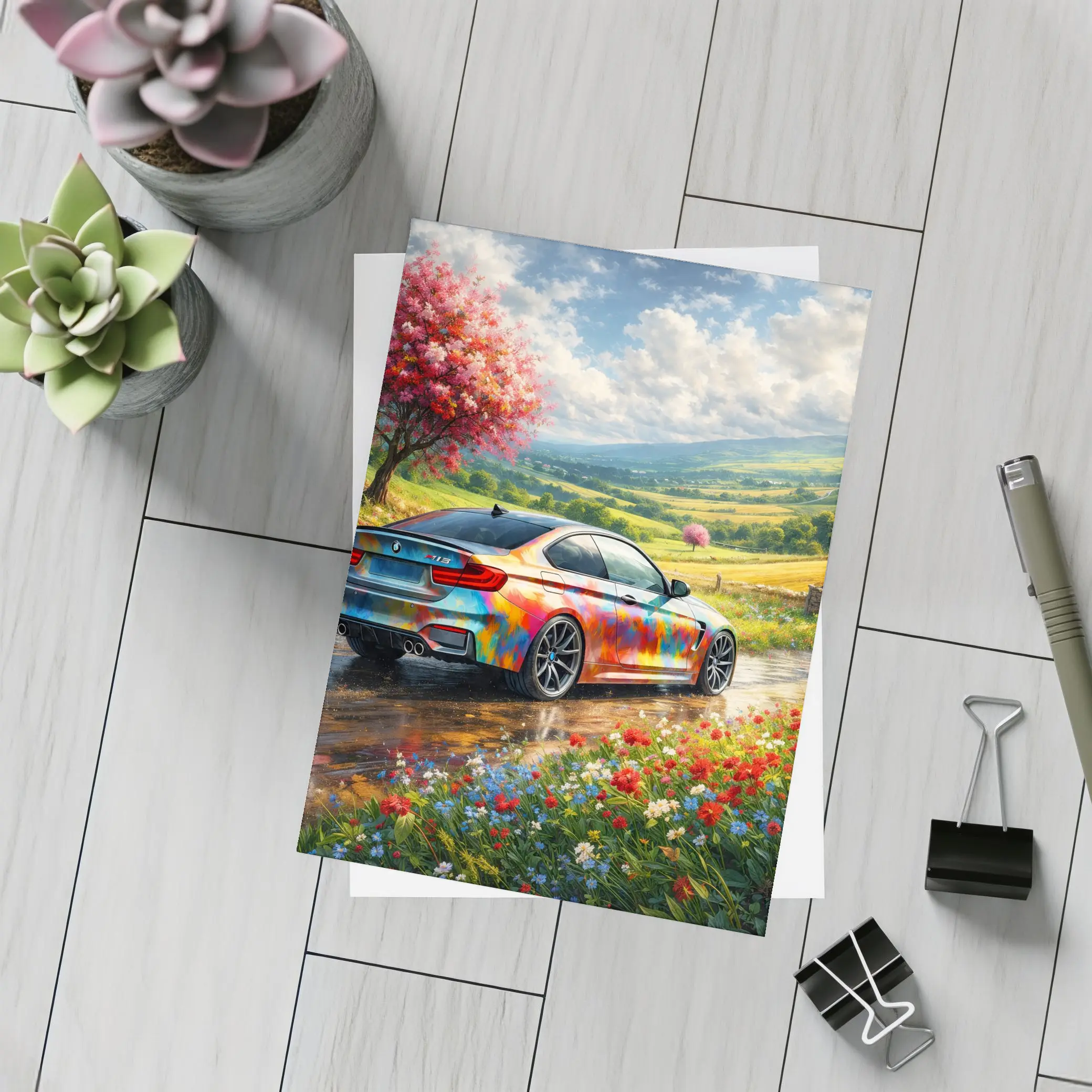 BMW M4 Colorful Art Countryside Floral Scene – Postcards