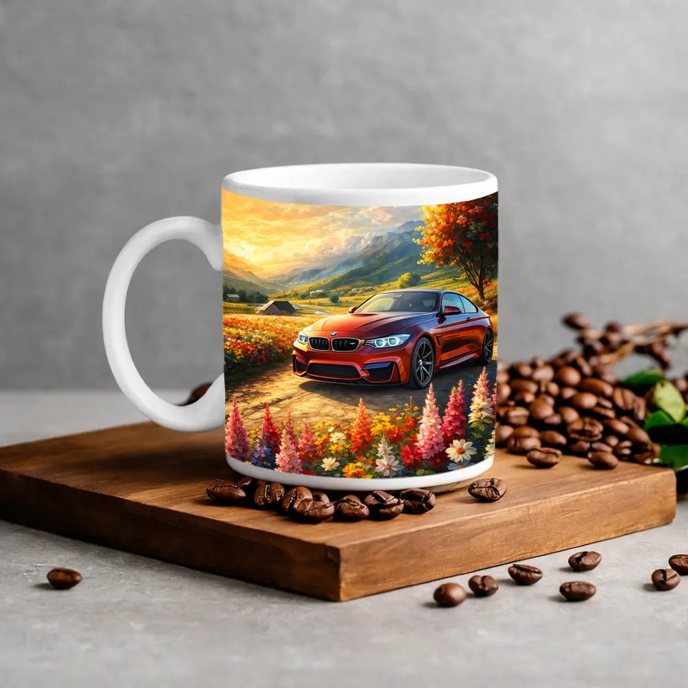 BMW M4 Red Sports Car Floral Landscape – Mugs