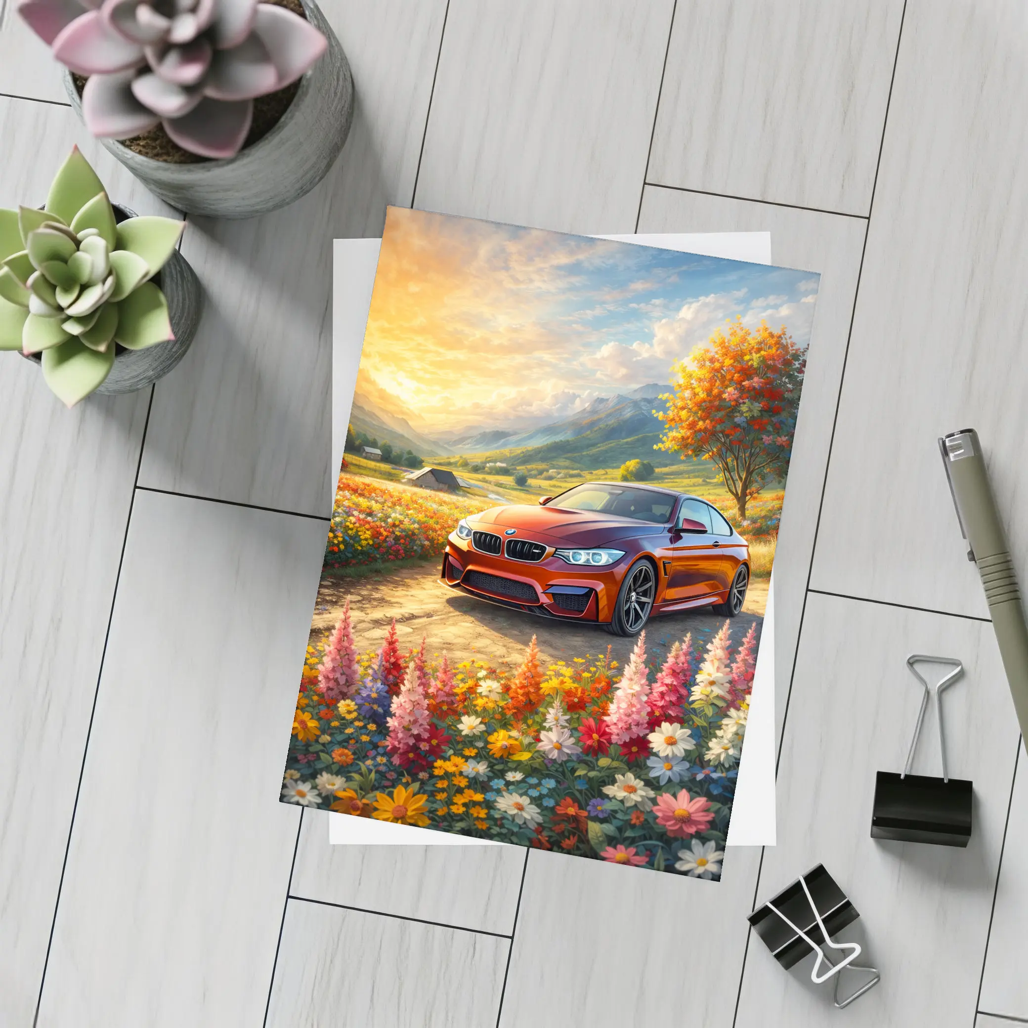 BMW M4 Red Sports Car Floral Landscape – Postcards