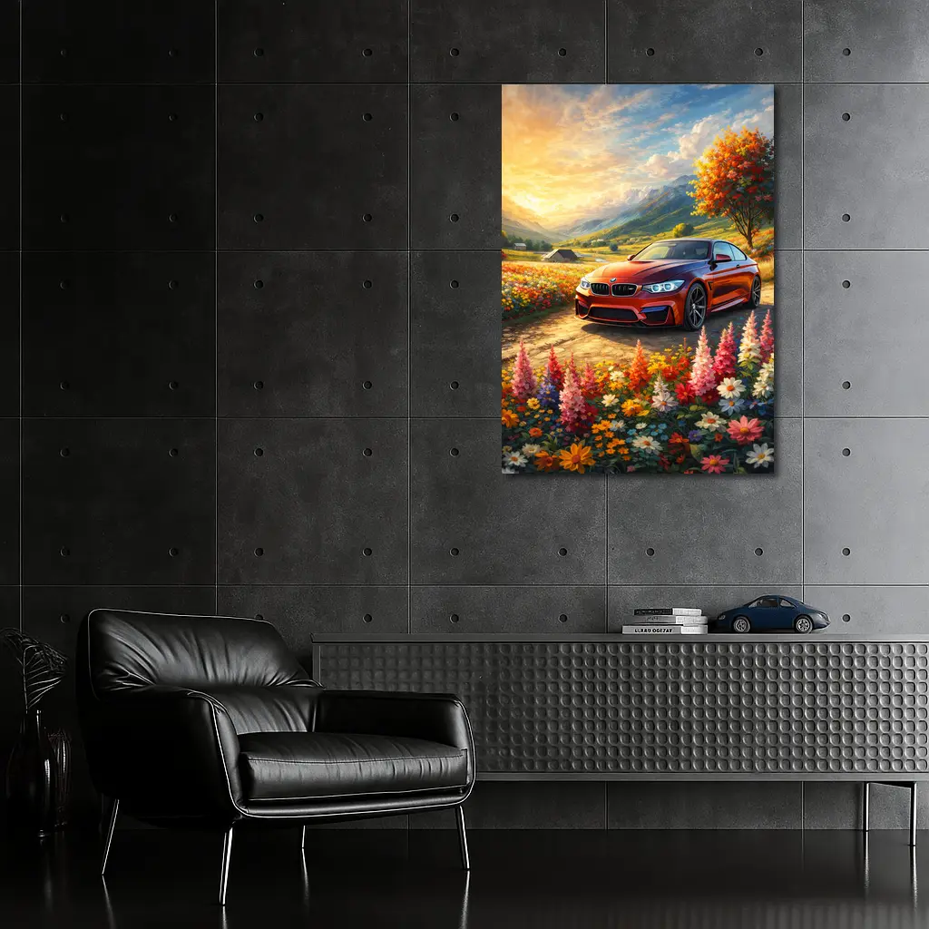 BMW M4 Red Sports Car Floral Landscape – Wall Art