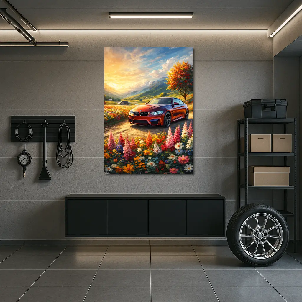 BMW M4 Red Sports Car Floral Landscape – Wall Art