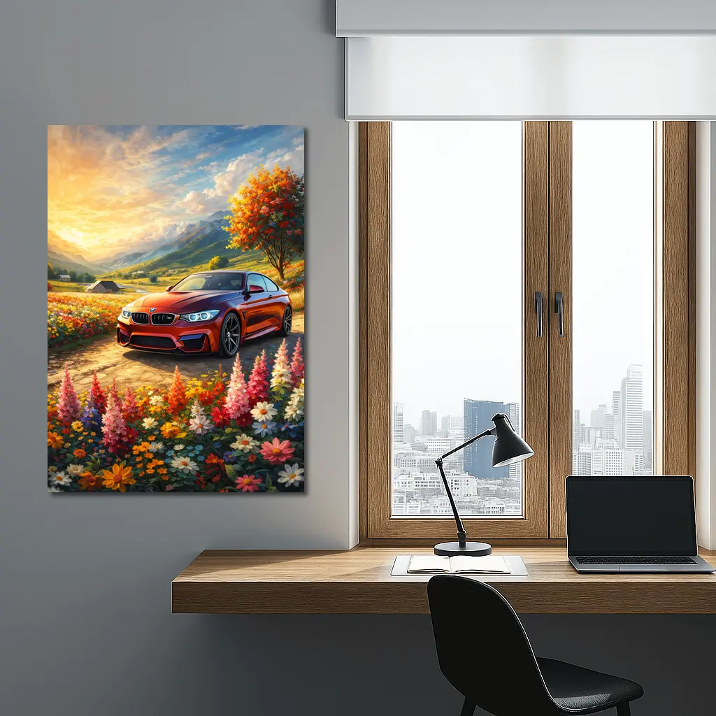 BMW M4 Red Sports Car Floral Landscape – Wall Art
