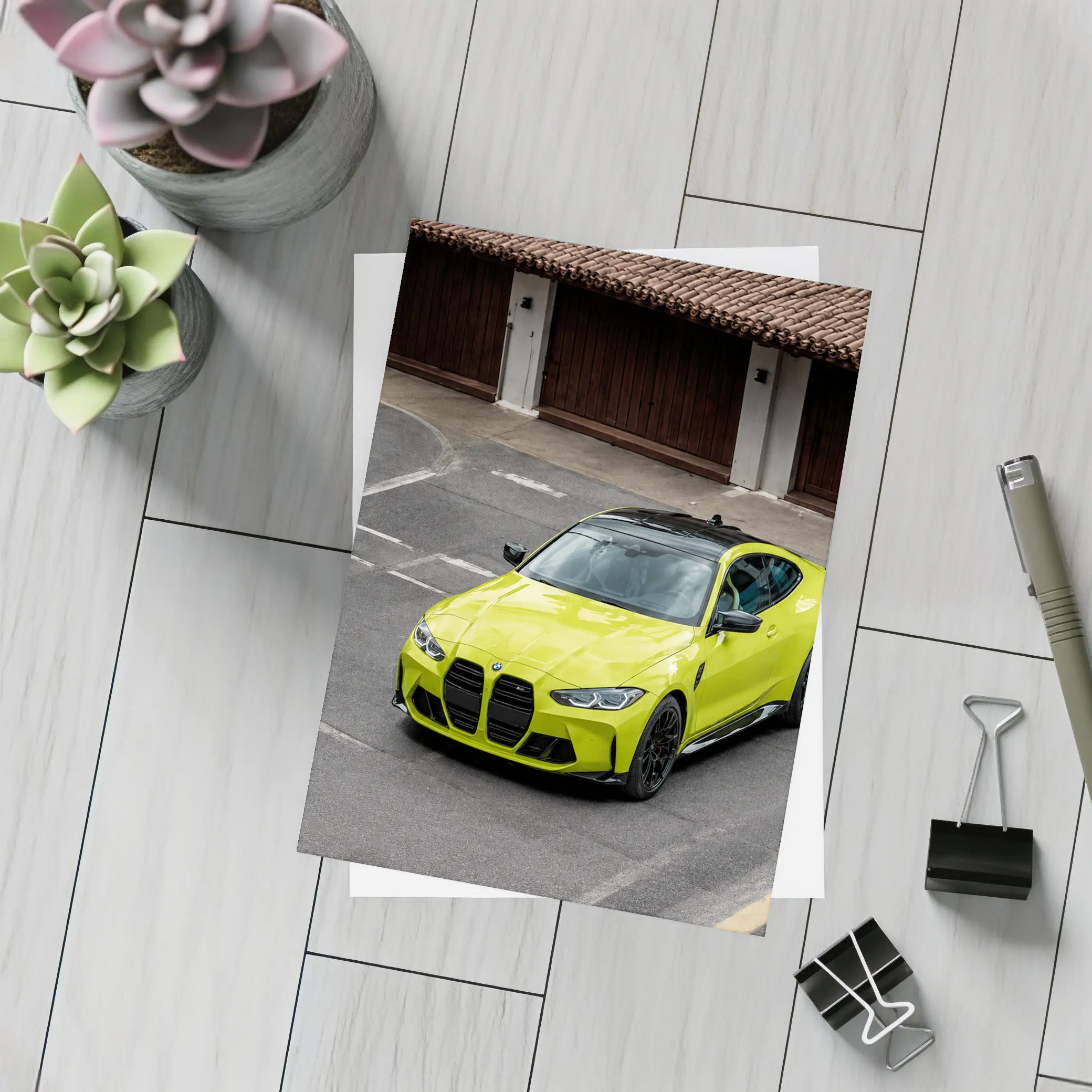 BMW M4 Lime Green Coupe Parking Lot – Postcards