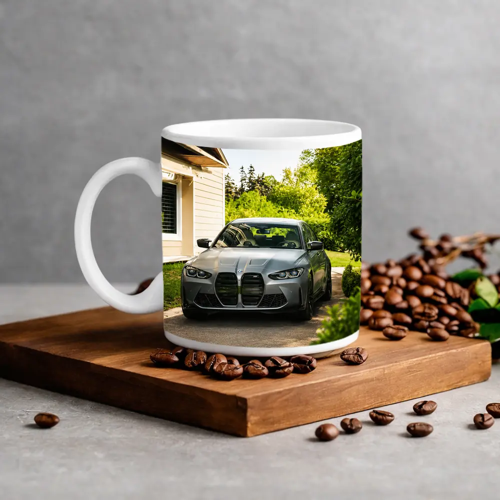 BMW M3 Gray Sedan Suburban Driveway Setting – Mugs