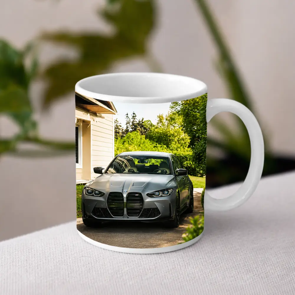 BMW M3 Gray Sedan Suburban Driveway Setting – Mugs