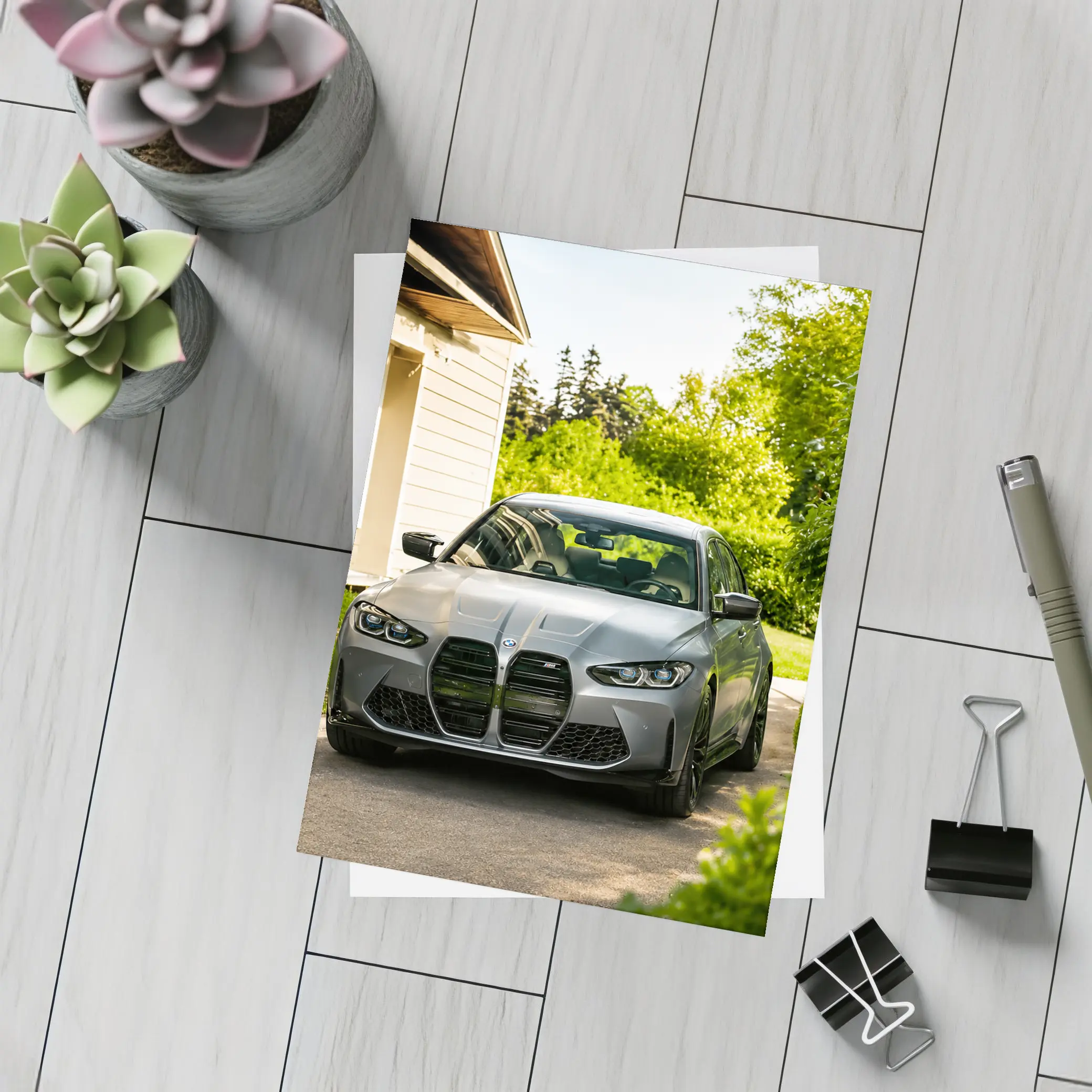 BMW M3 Gray Sedan Suburban Driveway Setting – Postcards
