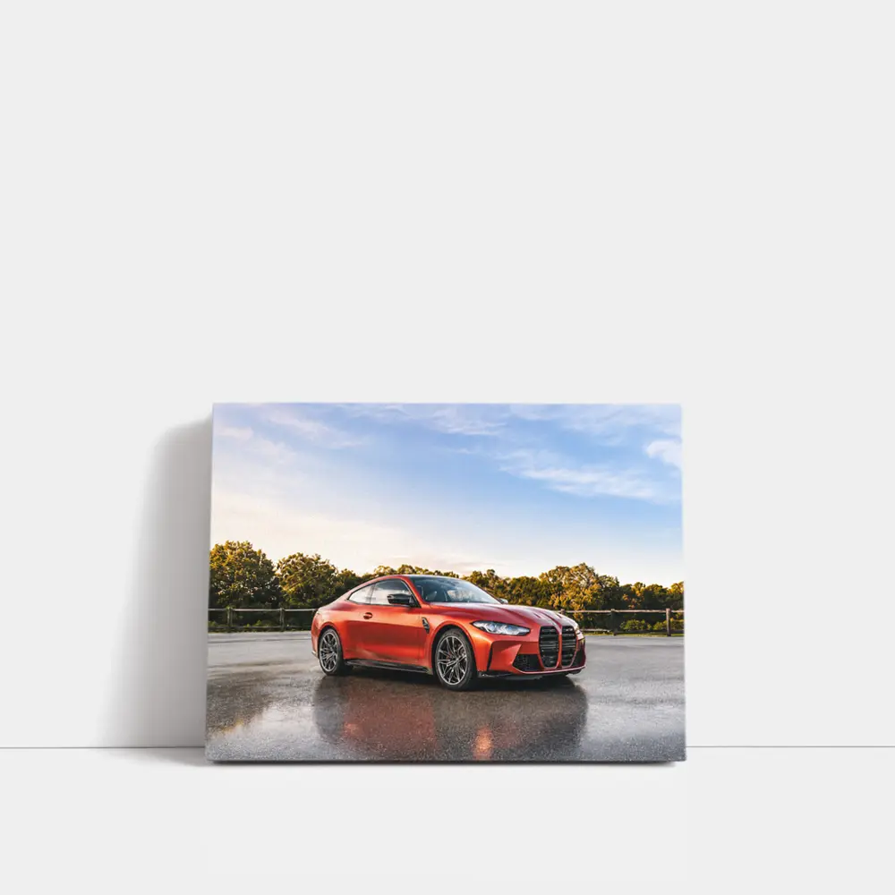 BMW M4 Orange Coupe Wet Parking Lot – Wall Art