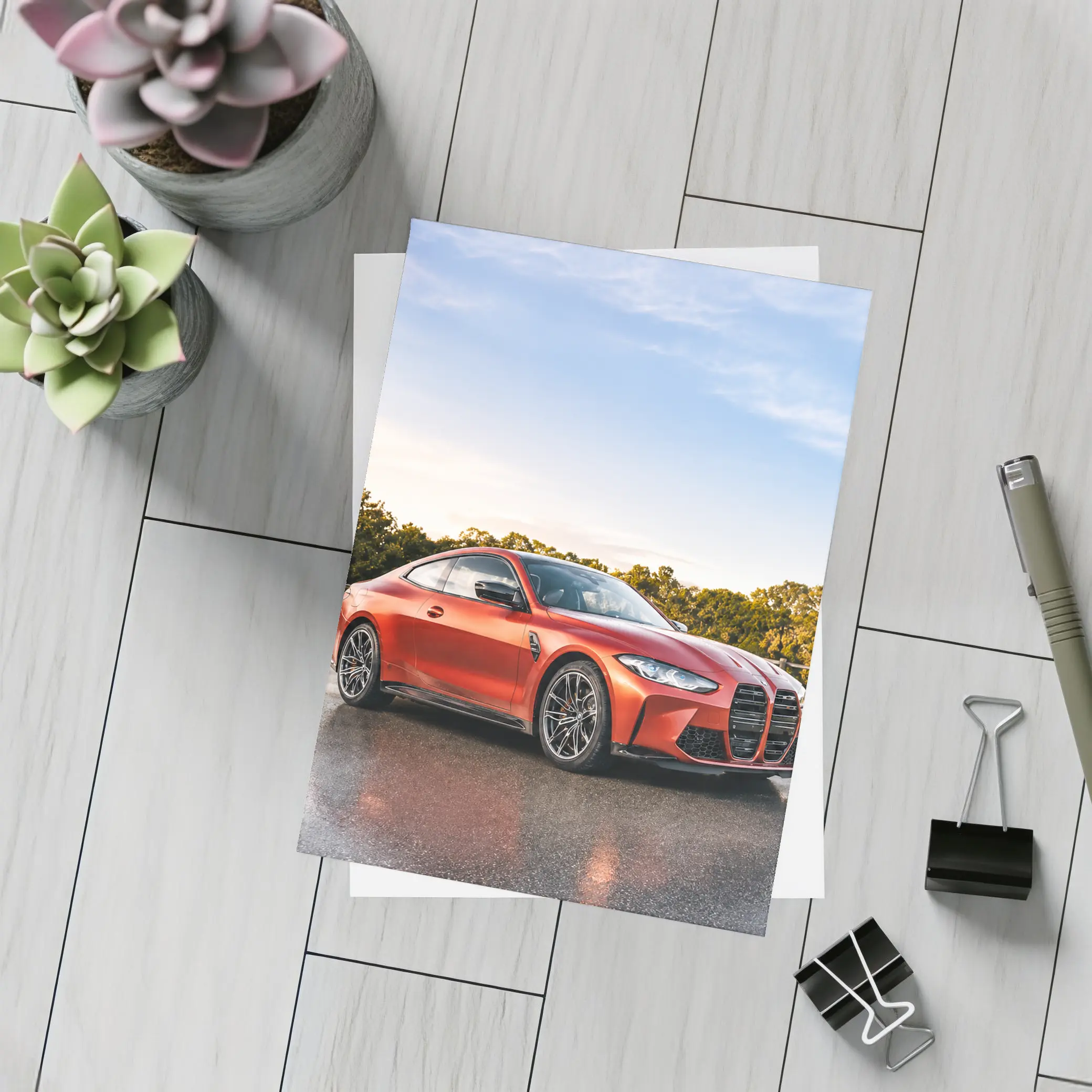 BMW M4 Orange Coupe Wet Parking Lot – Postcards