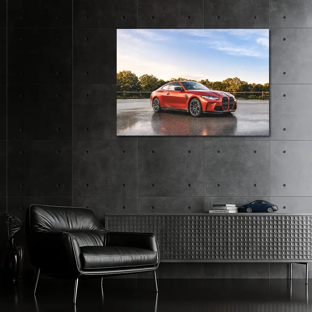 BMW M4 Orange Coupe Wet Parking Lot – Wall Art