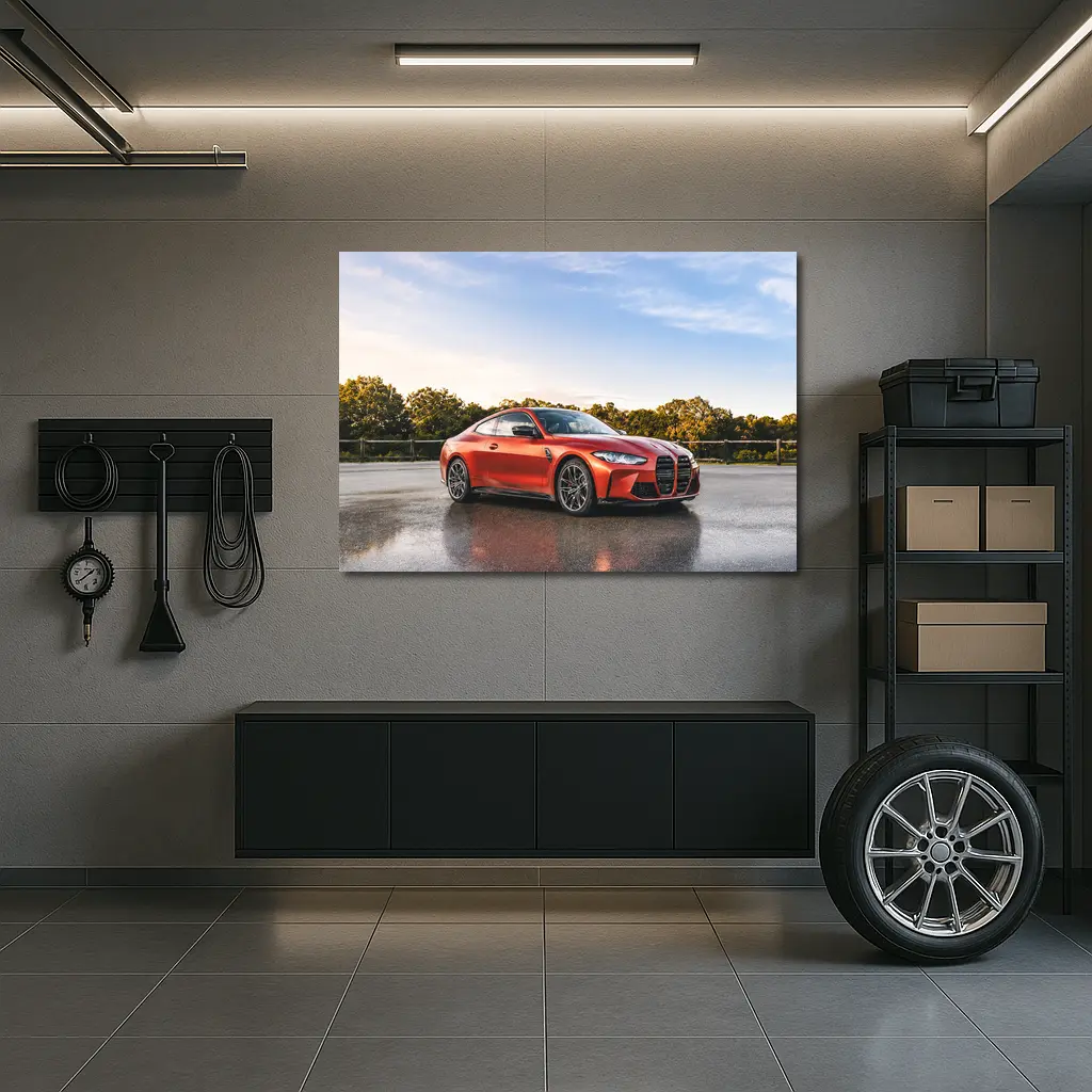 BMW M4 Orange Coupe Wet Parking Lot – Wall Art