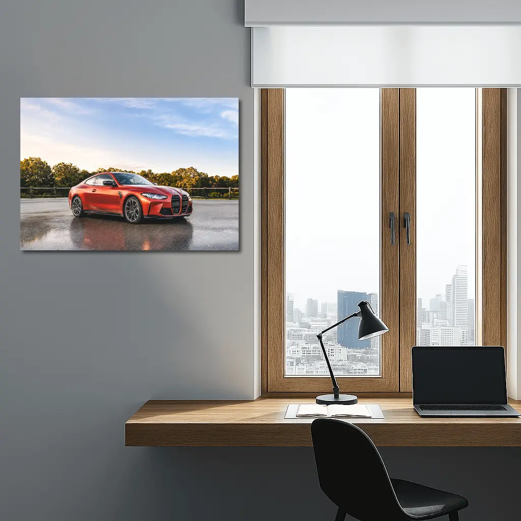BMW M4 Orange Coupe Wet Parking Lot – Wall Art