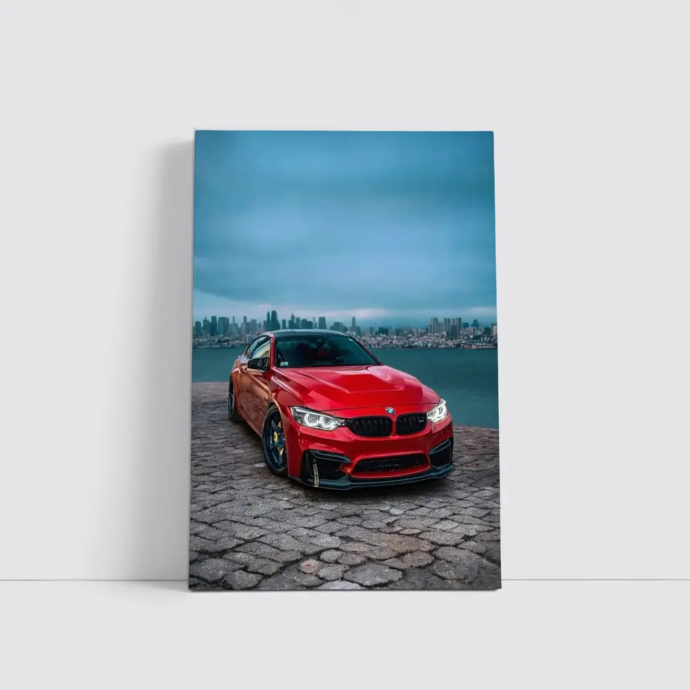 Red BMW M4 City Skyline Background – Wall Art