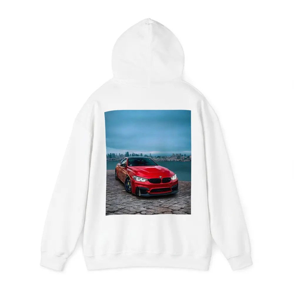Red BMW M4 City Skyline Background – Hoodies