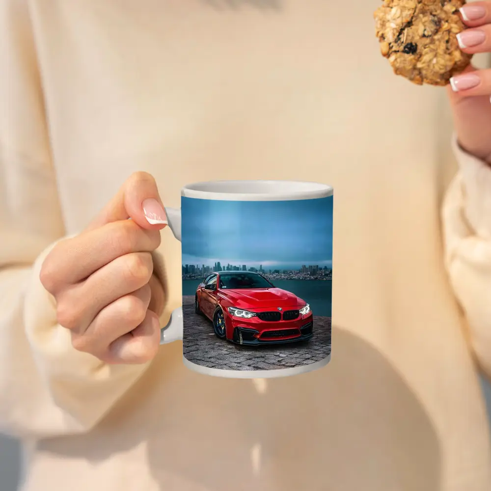 Red BMW M4 City Skyline Background – Mugs