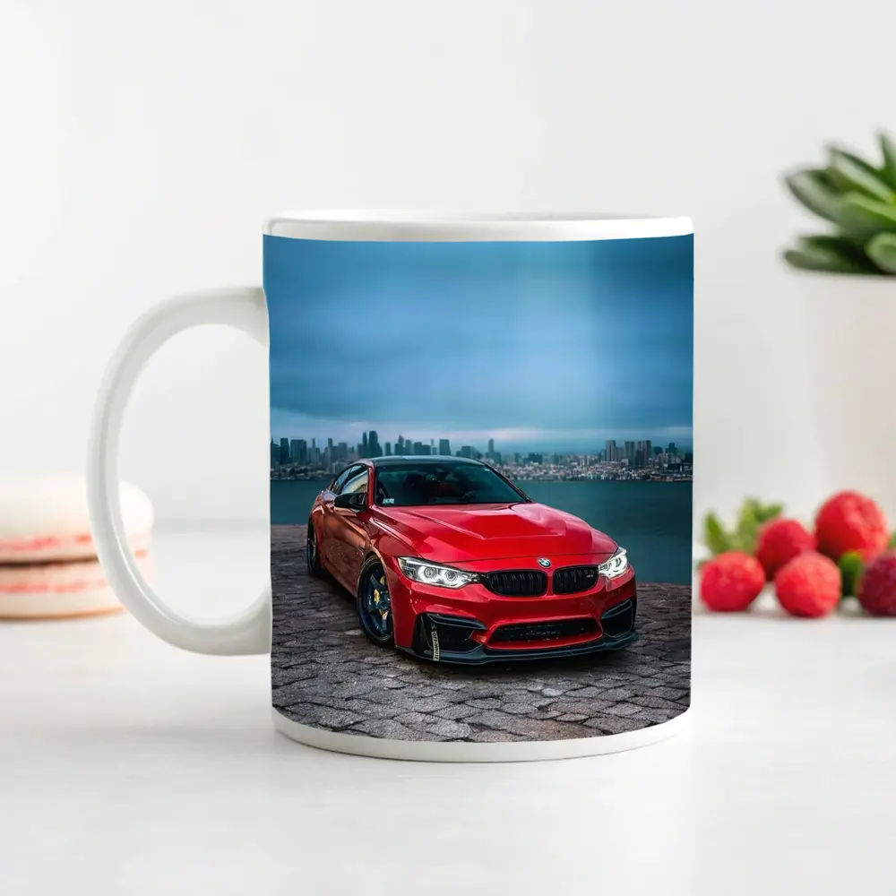 Red BMW M4 City Skyline Background – Mugs