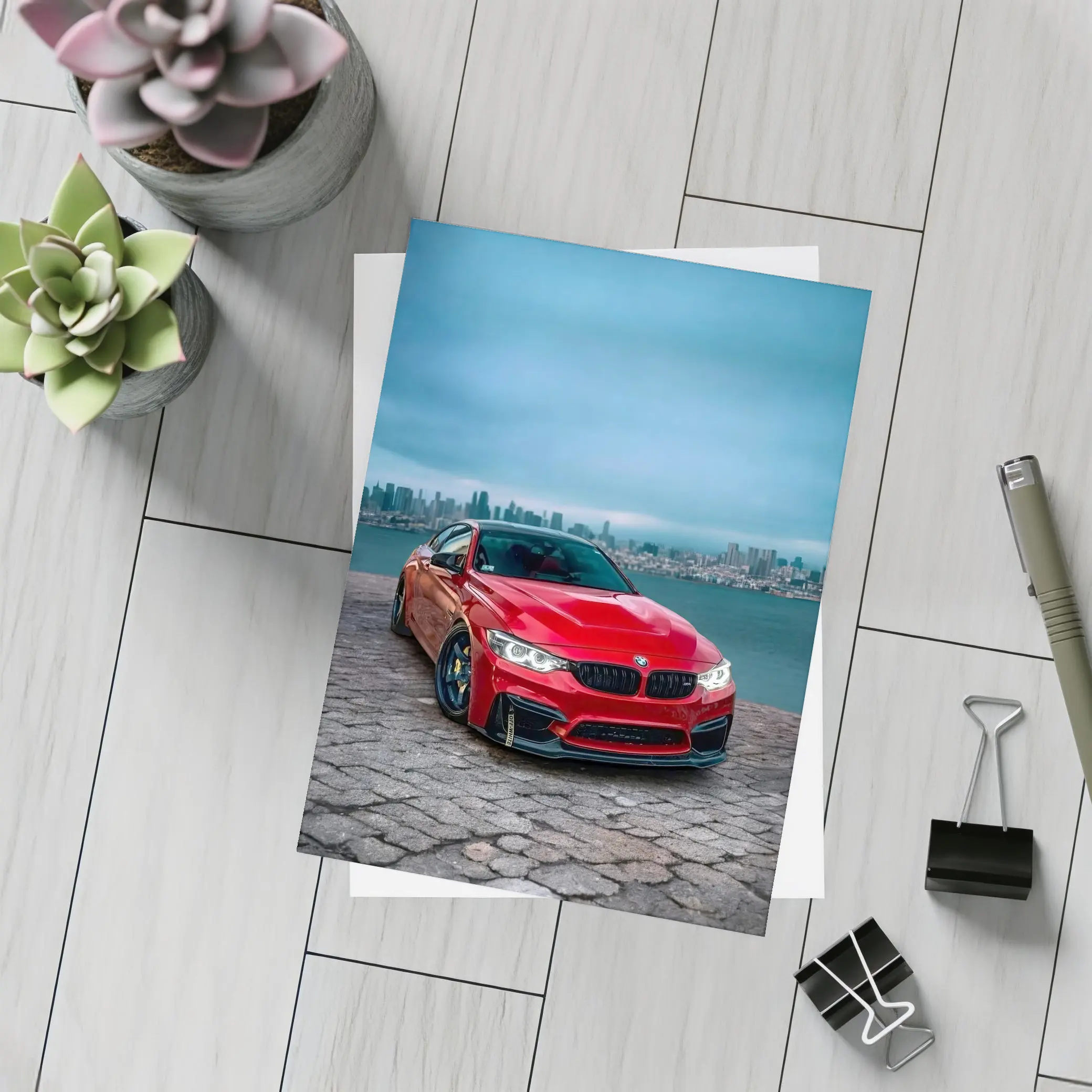 Red BMW M4 City Skyline Background – Postcards