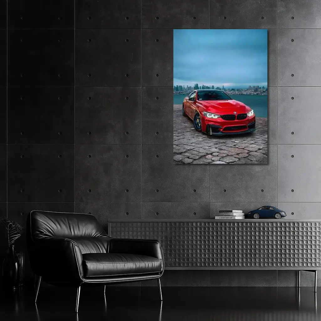 Red BMW M4 City Skyline Background – Wall Art