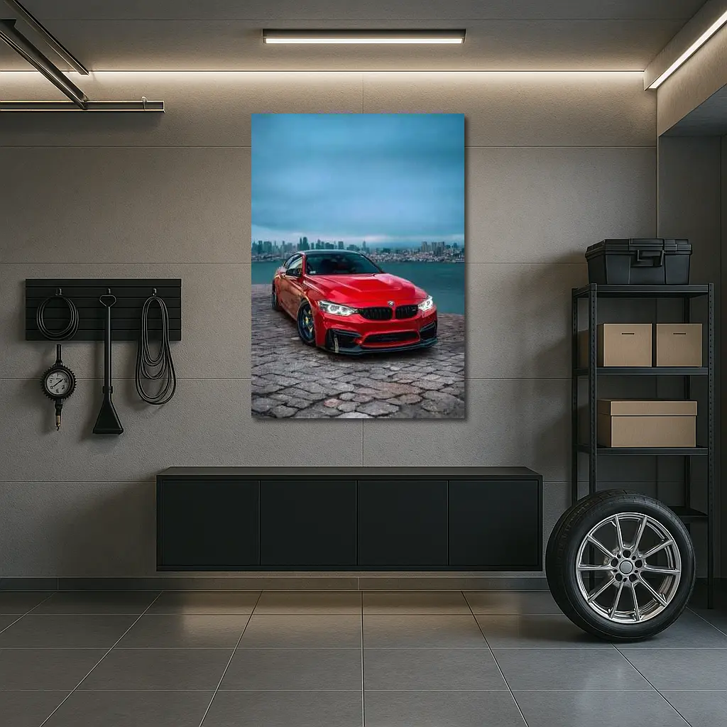 Red BMW M4 City Skyline Background – Wall Art