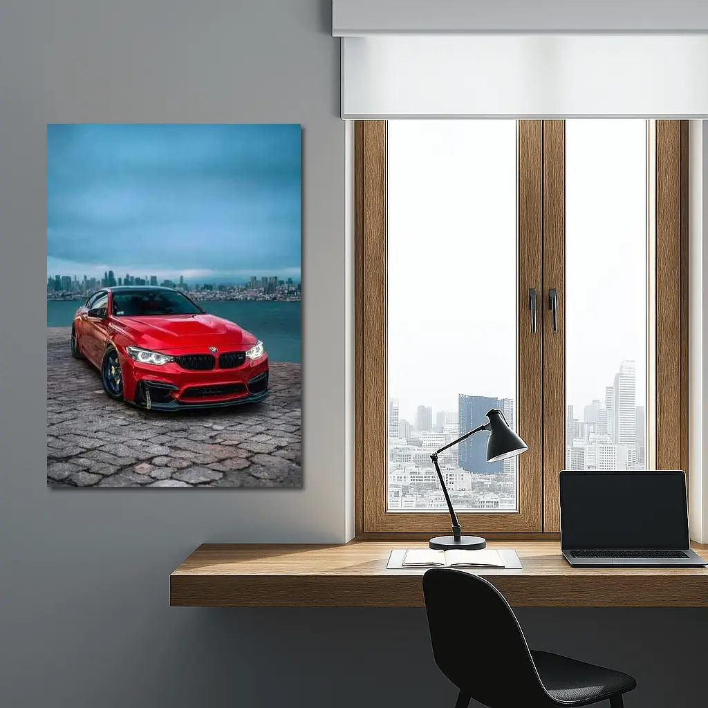Red BMW M4 City Skyline Background – Wall Art