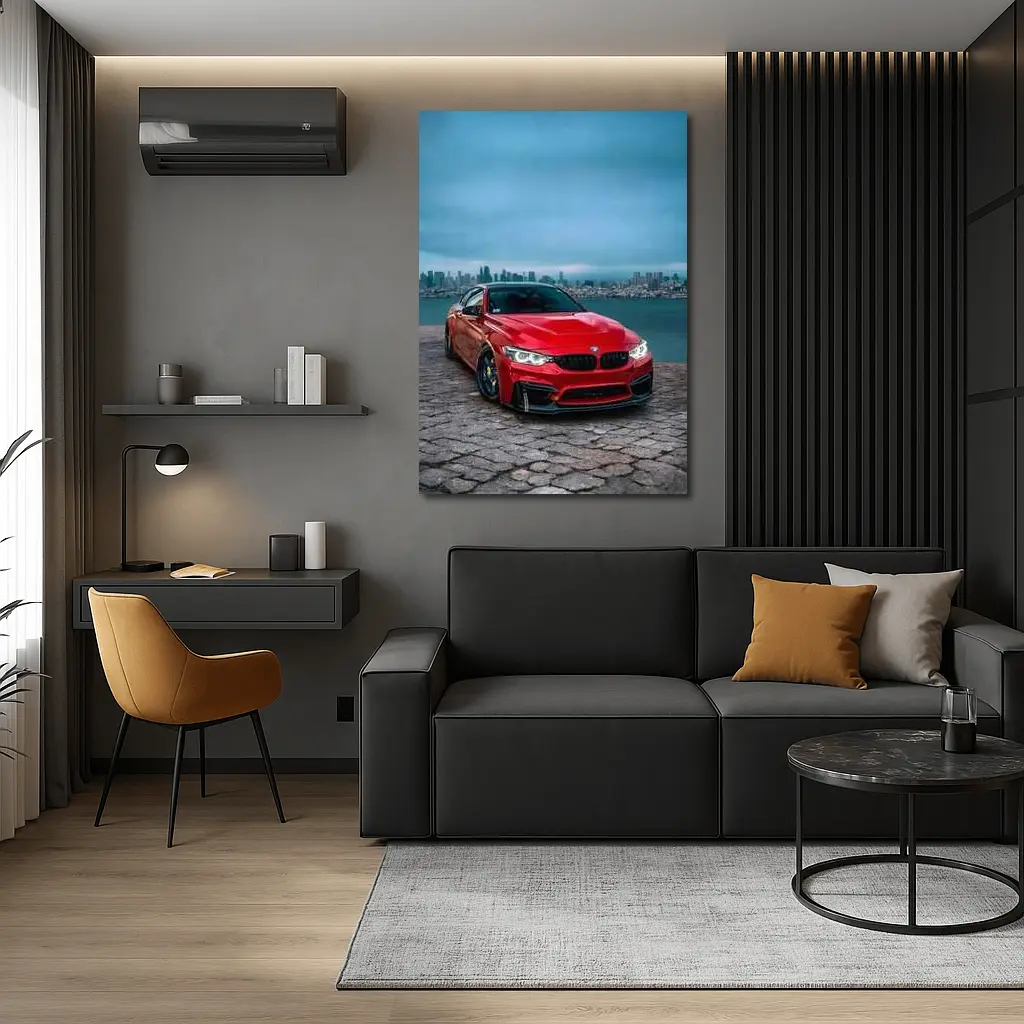 Red BMW M4 City Skyline Background – Wall Art