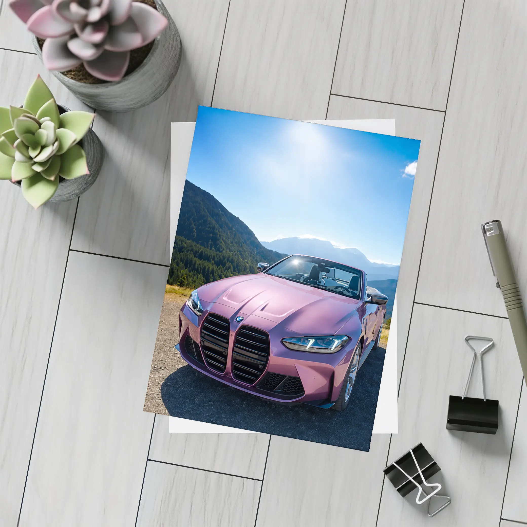 BMW M4 Convertible Pink Mountain Sunny Day – Postcards