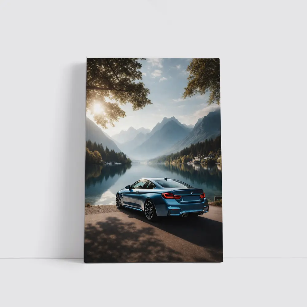 BMW M4 Coupe G82 Blue Rear View at Mountain Lake – Wall Art