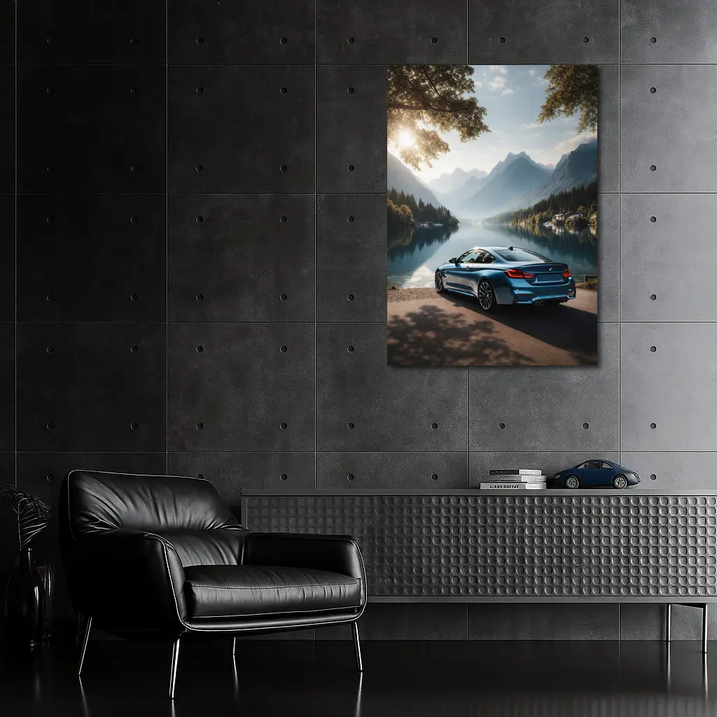 BMW M4 Coupe G82 Blue Rear View at Mountain Lake – Wall Art
