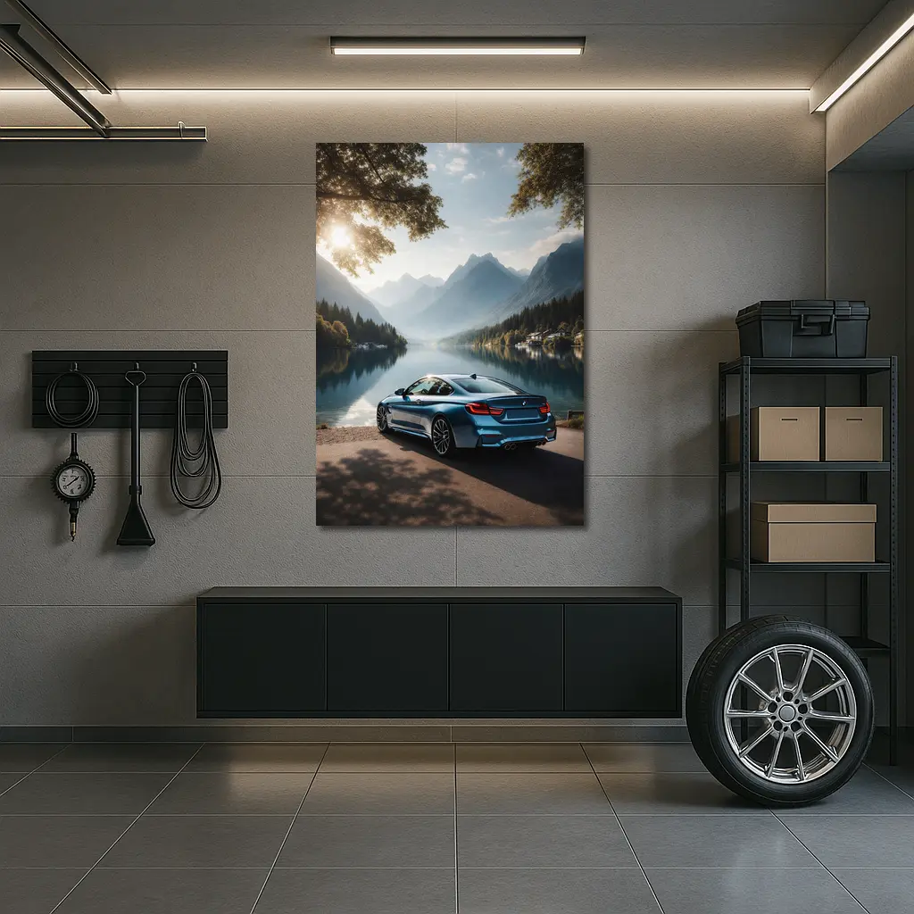 BMW M4 Coupe G82 Blue Rear View at Mountain Lake – Wall Art