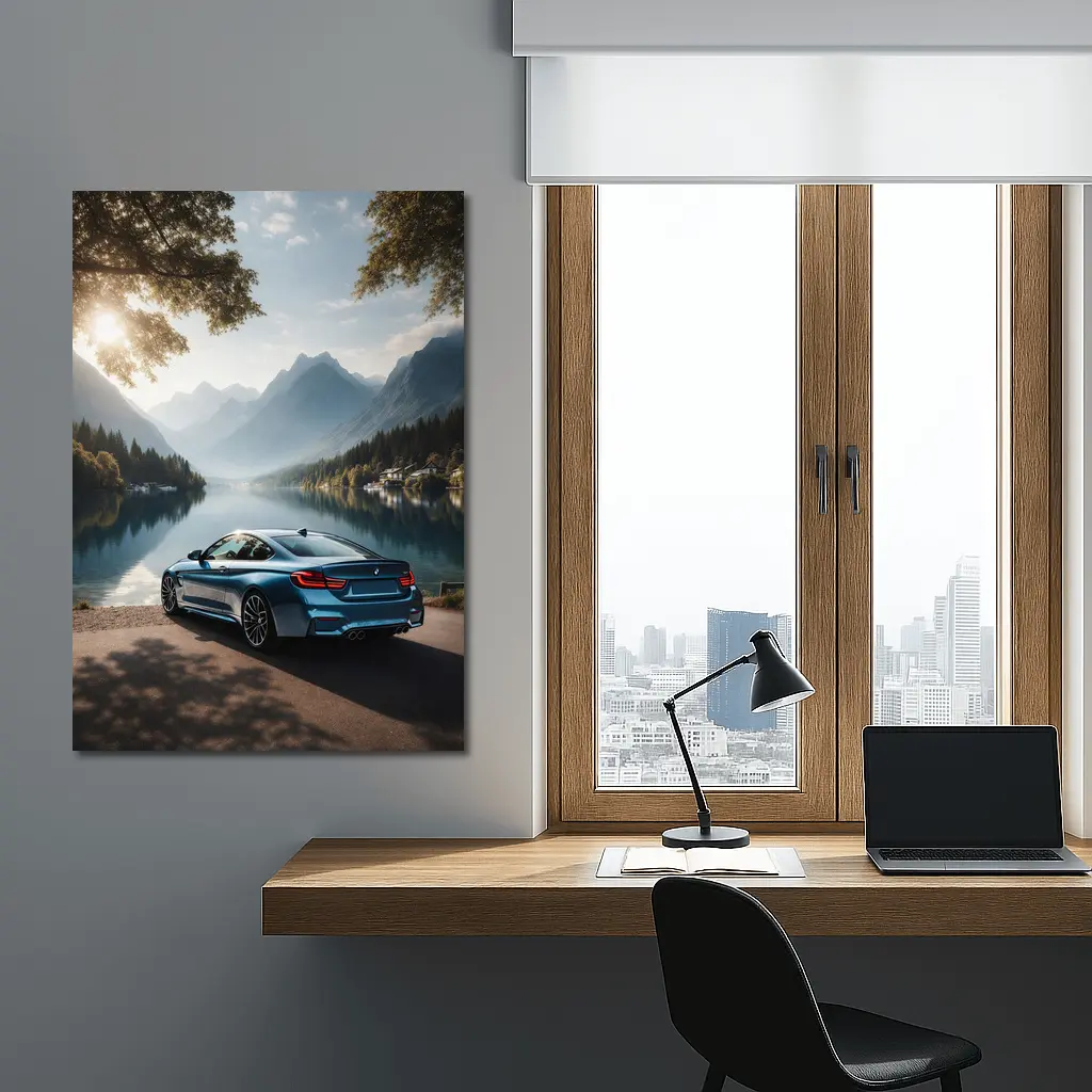 BMW M4 Coupe G82 Blue Rear View at Mountain Lake – Wall Art