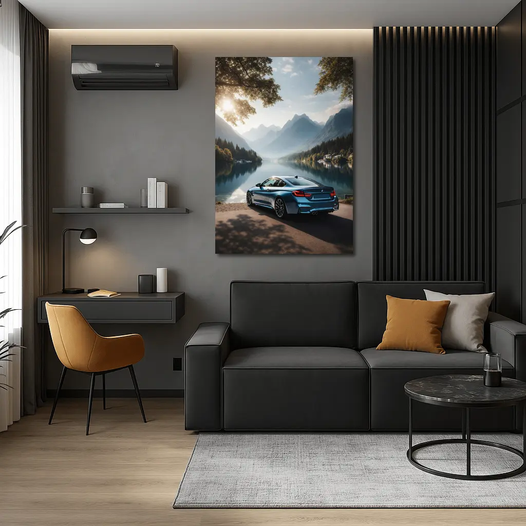 BMW M4 Coupe G82 Blue Rear View at Mountain Lake – Wall Art