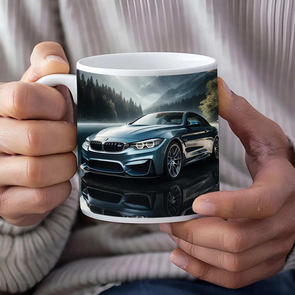 BMW M4 Blue Coupe Mountain Lake Scene – Mugs