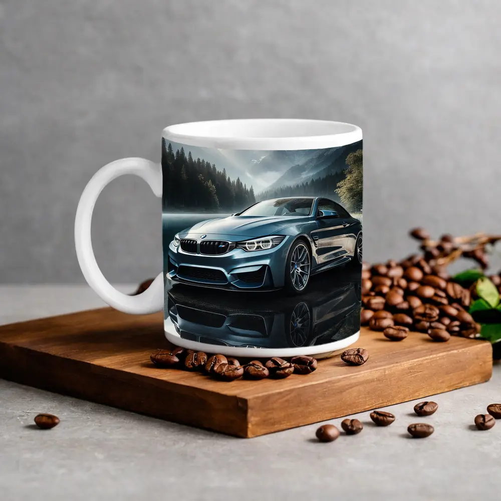 BMW M4 Blue Coupe Mountain Lake Scene – Mugs